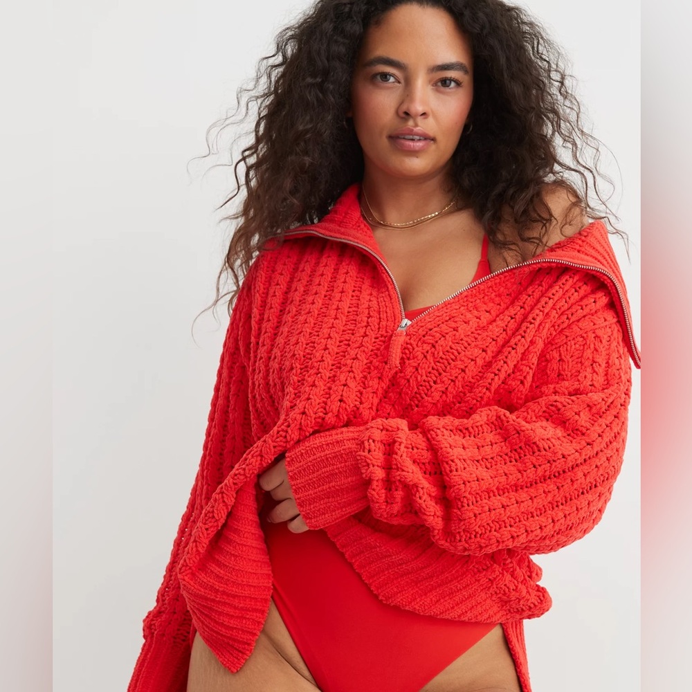Aerie Cable Car Knit Quarter Zip Cozy Sweater Holiday Red Medium - Picture 2 of 9